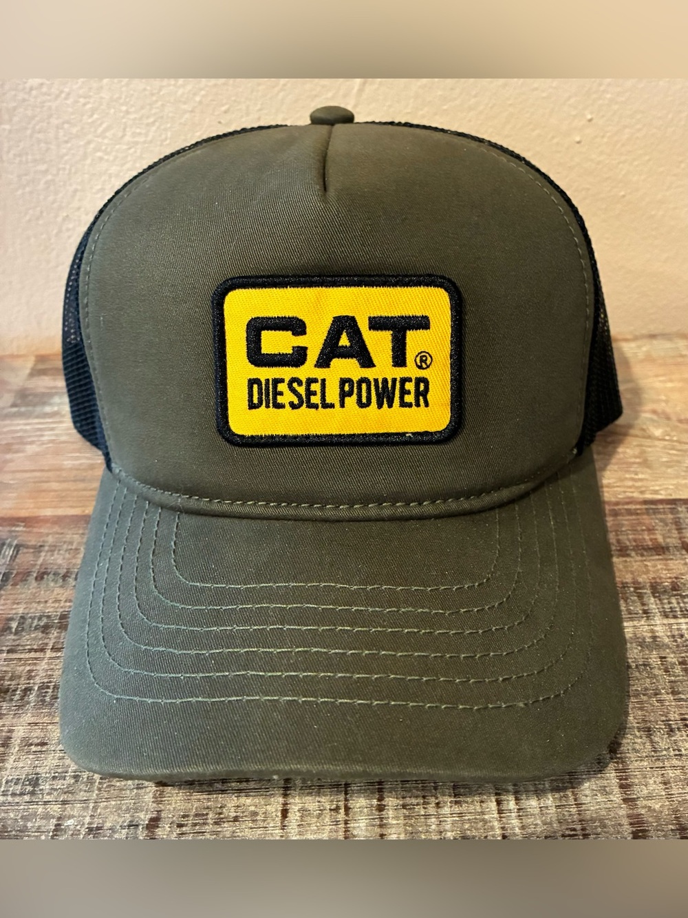 CAT Diesel Power Trucker Hat Olive Green Black Mesh Snapback Cap